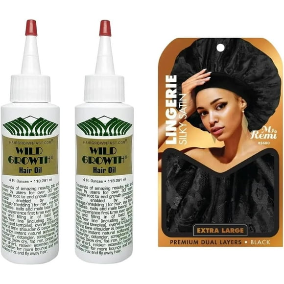 ANNIE Ms. Remi Lingerie Silky Bonnet, Extra Large & 2 bottle Wild Growth Hair Oil, 4oz each