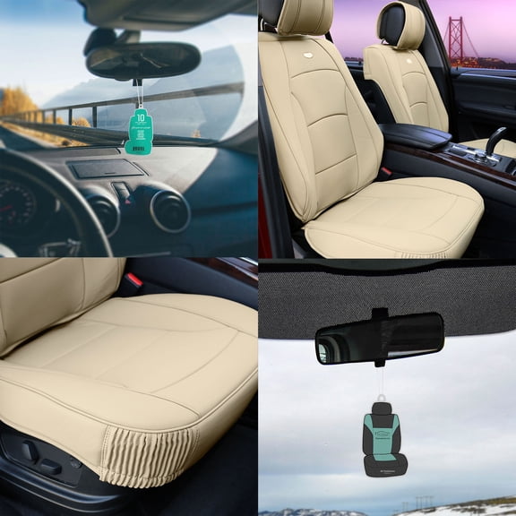 FH Group Car Seat Cover Leatherette Luxury Bucket Pair Seat Covers Solid Beige w/ Free Air Freshener