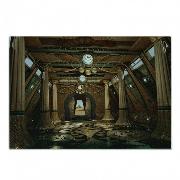Pillar Cutting Board, Graphics of a Building Interior in the Fantasy Style with Pillars 3D Computer Graphics, Decorative Tempered Glass Cutting and Serving Board, Small Size, Brown, by Ambesonne