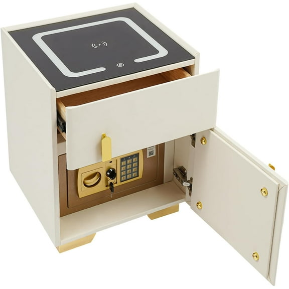 Smart Nightstand w/Safe ＆ Combination Lock, Smart Bedside Table w/USB Charging Station ＆ LED Three-Color Light, Minimalist New Solid Wood Night Stand for Bedroom (White)