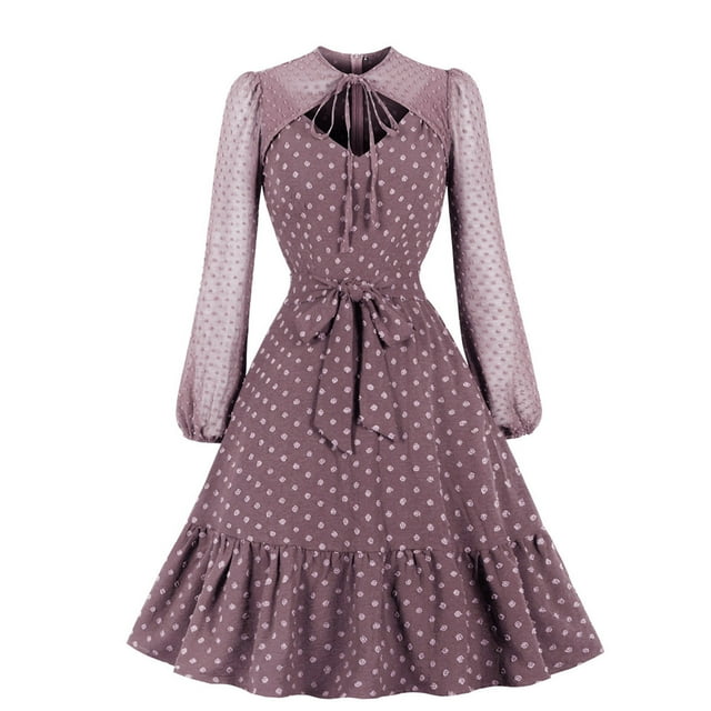 Robe Vintage des Années 50 pour Femmes en Maille Transparente à Manches Longues, Découpes en y, Nœud à l'Avant, Pois, Robe Rétro Hepburn