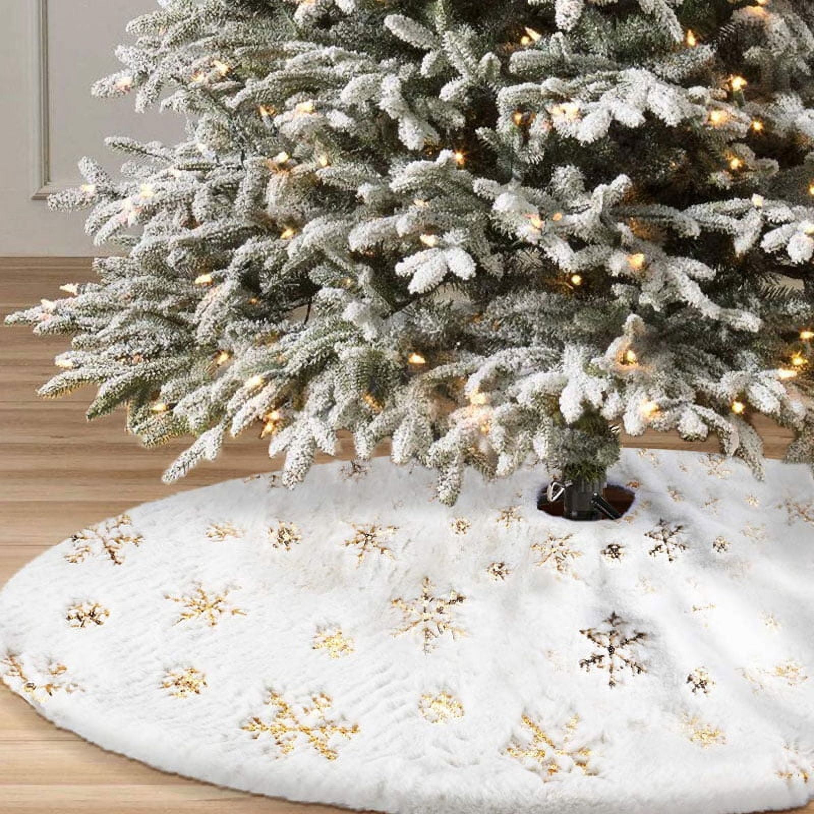 "Snowlflake Christmas Tree Skirt, Large Snowy White Fur Tree Skirt with Snowy Pattern for Christmas Decorations (Gold,Silver,Multicolor)"