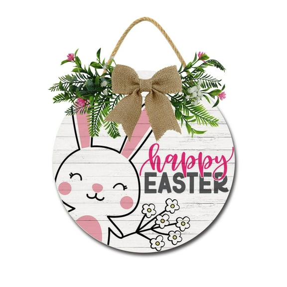 Happy Easter Door Sign Home Decor Round Wood Wreaths Wall Hanging Sign Farmhouse Porch Sign Front Door Decoration for Housewarming Gift All Seasons Holiday,12In