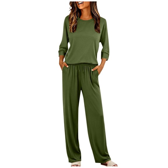 QSAWXQZ Women's 2PC Pajama Set Crew Neck 3/4 Sleeve Top Elastic Waist Straight Leg Pants with Pockets L