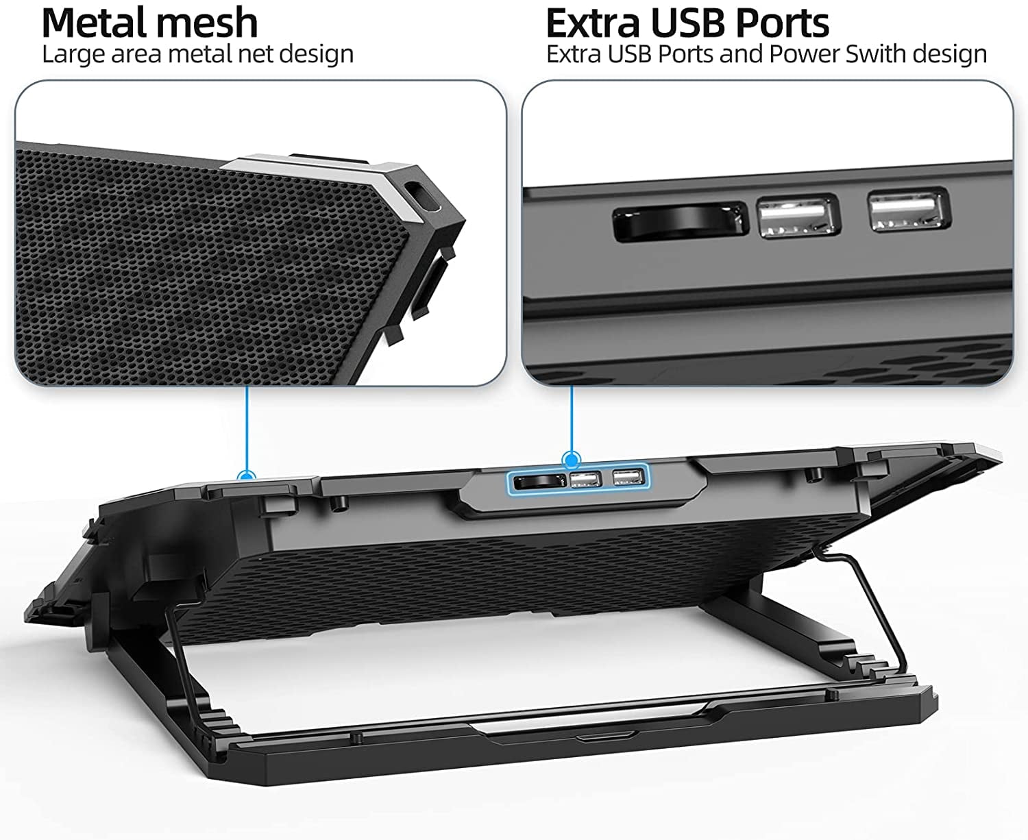 Upgrade Laptop Cooling Pad,Gaming Cooler with 5 Quiet Fans,2 USB Ports,5 Adjustable Stand Height,Blue LED Lights,for 15.6 Inch Laptops