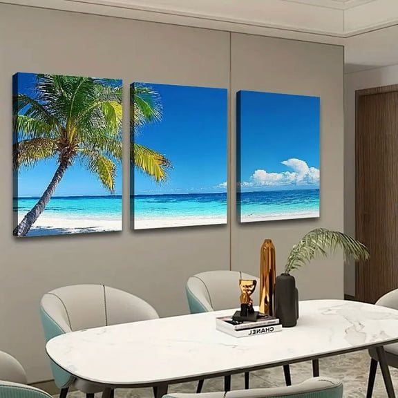Shadudu Palm Tree Beach Blue Water Canvas Print On Canvas Artwork Set, 3-Piece Large Size Unframed Wall Decor for Elegant Home and Office Decor 16x24x3pcs