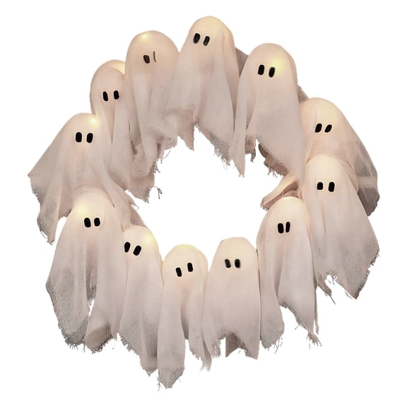 Halloween Glowing Ghost Wreath, Light-up Spooky Wreath with 12 Ghost Decor, RC, 6H Timer, Ideal for Halloween Party (A 12x3inch)