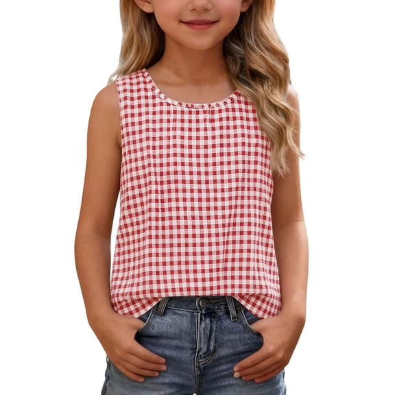 Avrnliq Girls Red White Gingham Sleeveless Tank Top Casual Crew Neck Blouse for Kids Breathable Summer Basic Shirt for Everyday Wear,Size 60%Cotton,40%Linen