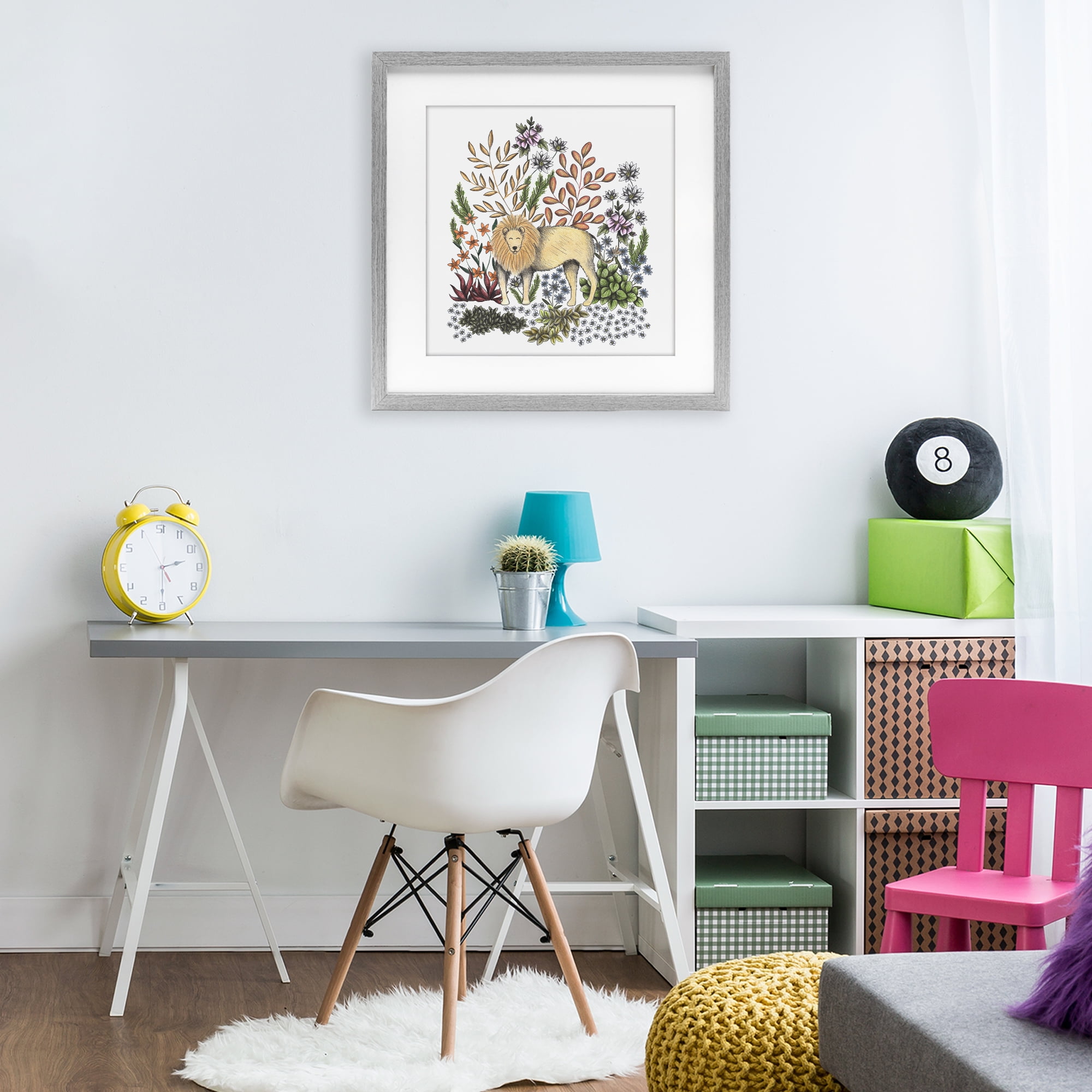 Jungle Wildlife Lion Gray Framed Print Under Glass, design by Cecilia Battaini