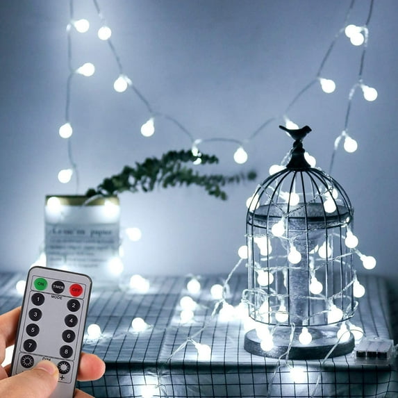 Battery Powered LED Globe String Lights Ball Fairy Lights with Remote, 33ft 100 LED 8-Mode Twinkle Lights with Timer, Indoor Outdoor Decorative Hanging Lights for Bedroom, Dorm, Camping(White)-1PACK
