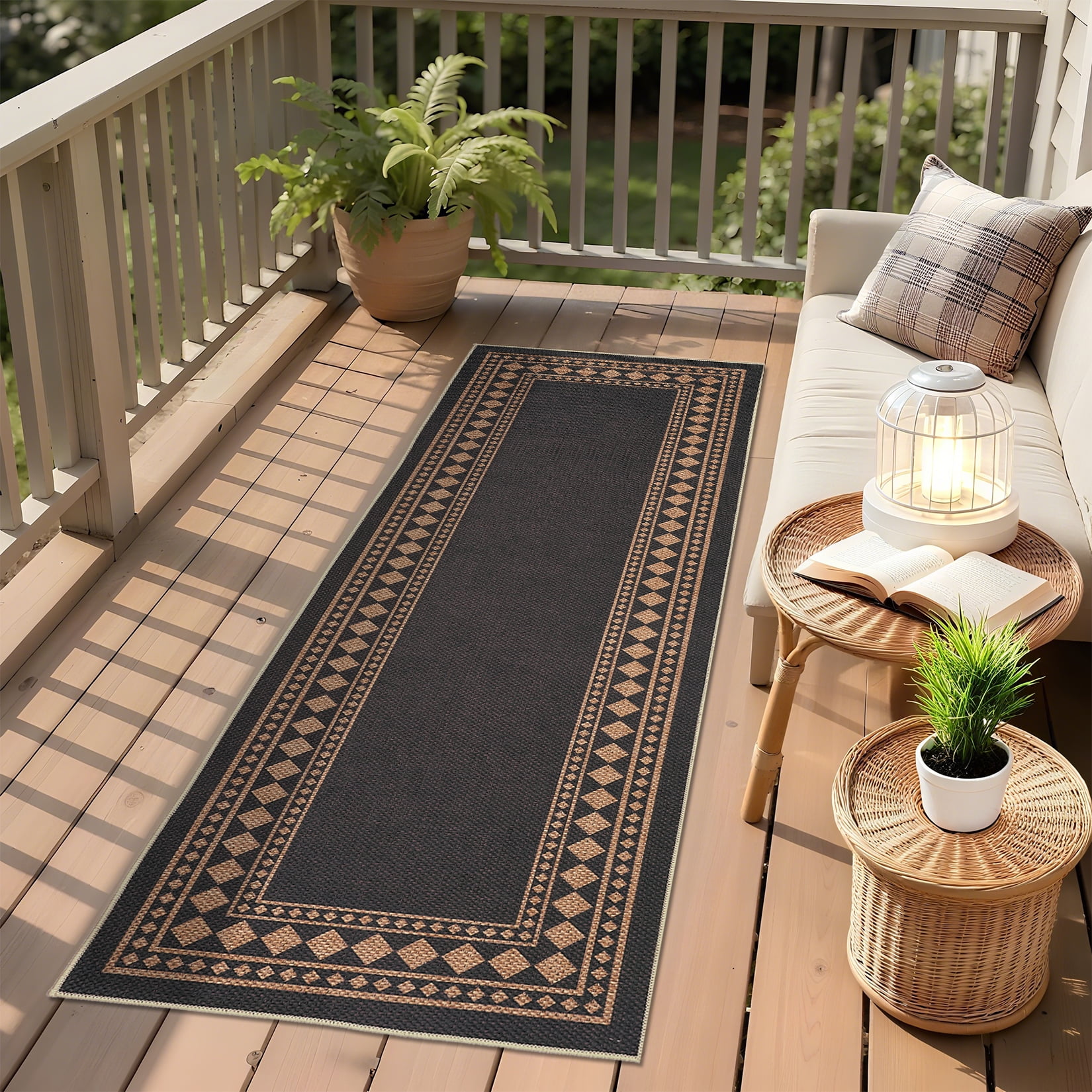 Garvee 2'x6' Modern Bordered Rug Solid Runner Rug, Geometric Washable Rugs Stain Resistant Low Pile Rug Non Slip Indoor Outdoor Carpet for Hallway Bedroom Home Office, Black and Coffee