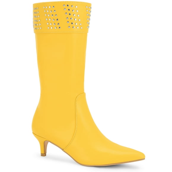 Unique Bargains Women's Pointed Toe Kitten Heels Knee High Boots Yellow (Size 7)