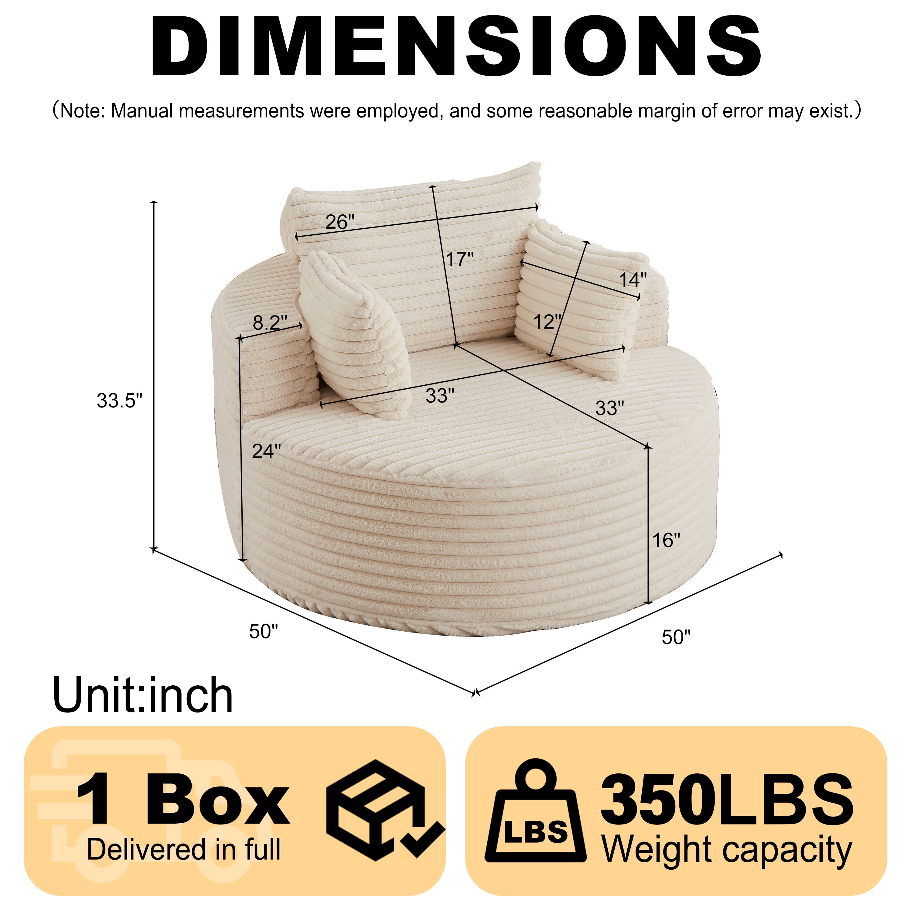 Aukfa 50" Oversized Corduroy Round Sofa Chair, Modern Deep Seat Chaise Lounge Chair Indoor with Pillows, No Assembly Required, Beige