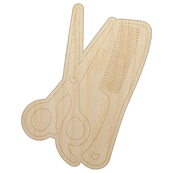 Hair Cutting Comb Scissors with Hearts Wood Shape Unfinished Piece Cutout Craft DIY Projects - 4.70 Inch Size - 1/8 Inch Thick