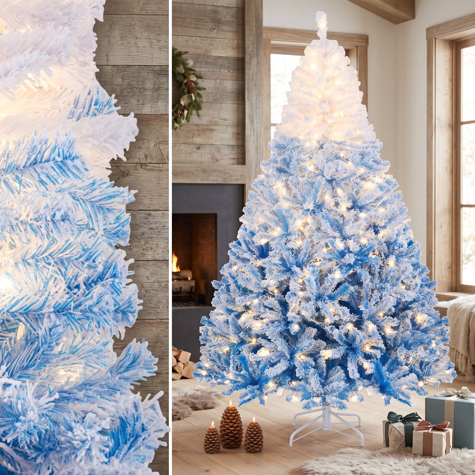 RUIE 7 FT Artificial Christmas Tree with 350 Warm White LED Lights and 8 Modes, Snow Flocked Hinged Prelit Xmas Tree with Foldable Metal Stand, White & Blue