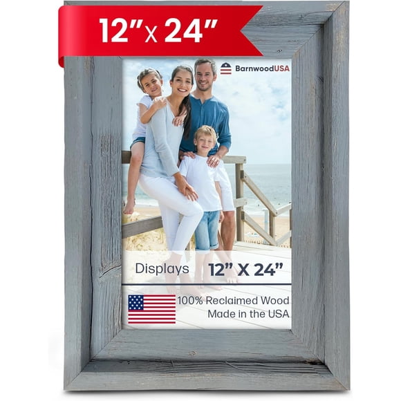 Farmhouse Style Rustic Picture Frame - Reclaimed Wood Photo Frame – Signature Wall Picture Frames for Living Room, Bedroom, Office Display - Wooden Frames for Décor Made in USA Slate Blue 12" x 24"