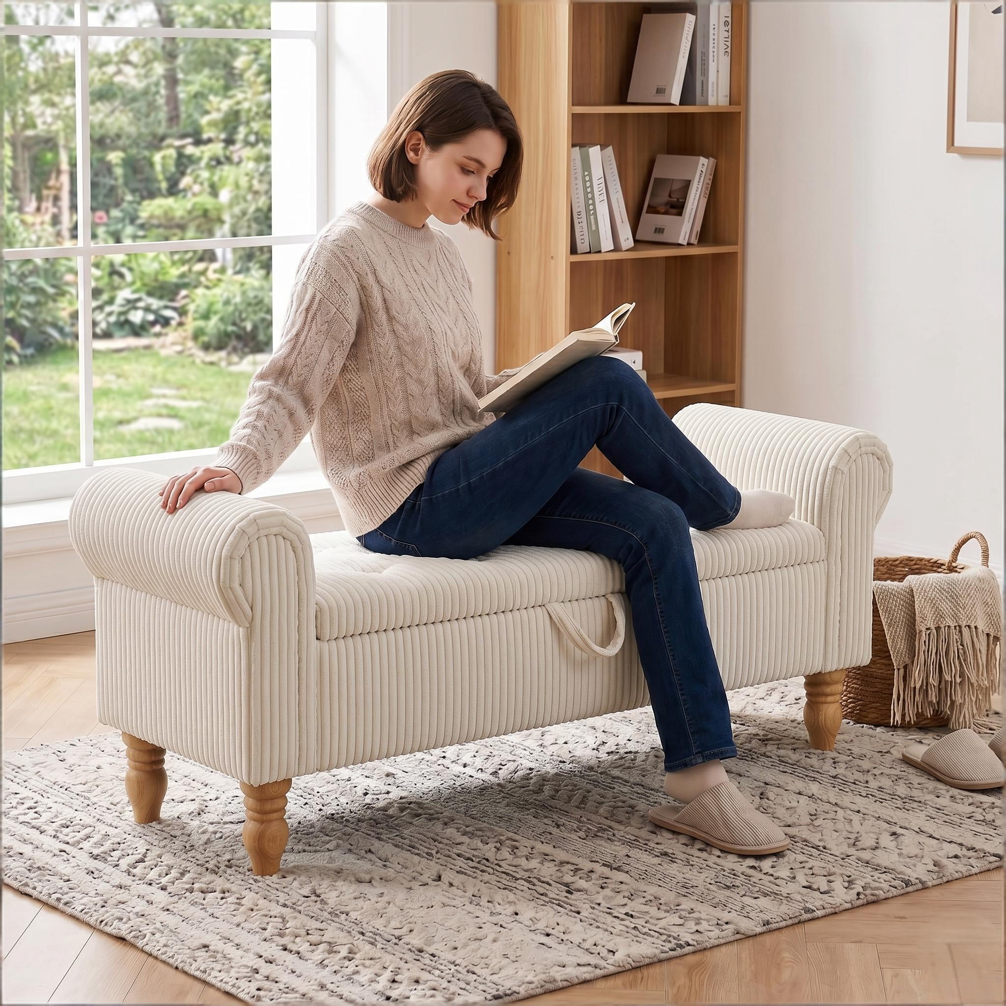 Howcool 51.5" Corduroy Storage Ottoman Bench, Upholstered End of Bed Bench for Bedroom Living Room Entryway Window Seat（White）