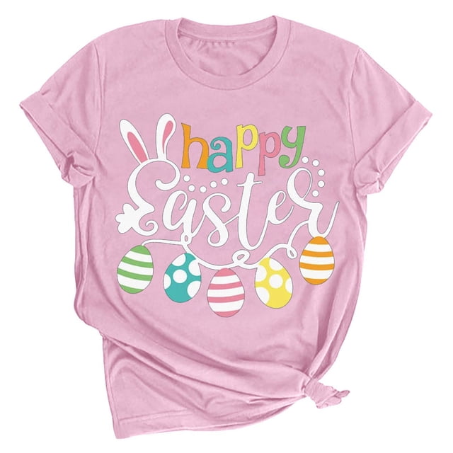 Bowake Womens Happy Easter Shirts Short Sleeve Crewneck T Shirts Cute Egg Printed Tee Tops Classic Festival Blouses