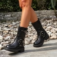 thumbnail image 6 of Womens Biker Motorcycle Mid Calf Boots Square Toe Low Heel Thick Sole Riding Boots with Fashion Buckles Studded, 6 of 7