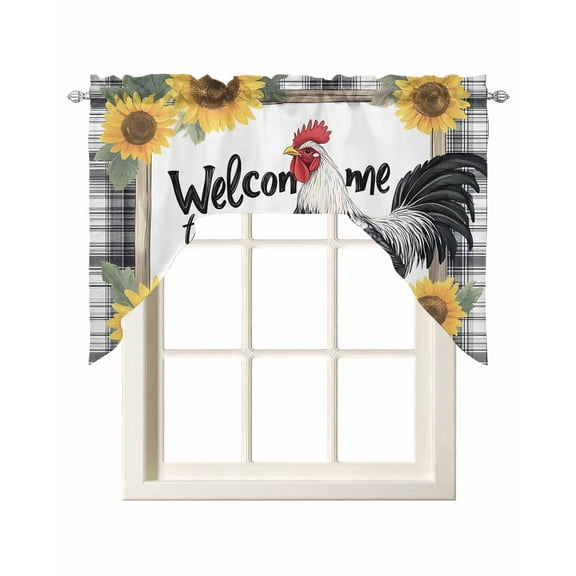 Black White Vintage Rooster Kitchen Swag Valances for Windows, Sunflower Farmhouse Striped Swag Valances Curtains for Living Room, Rod Pocket Window Treatments for Bathroom, Bedroom, Cafe, 56"x36"