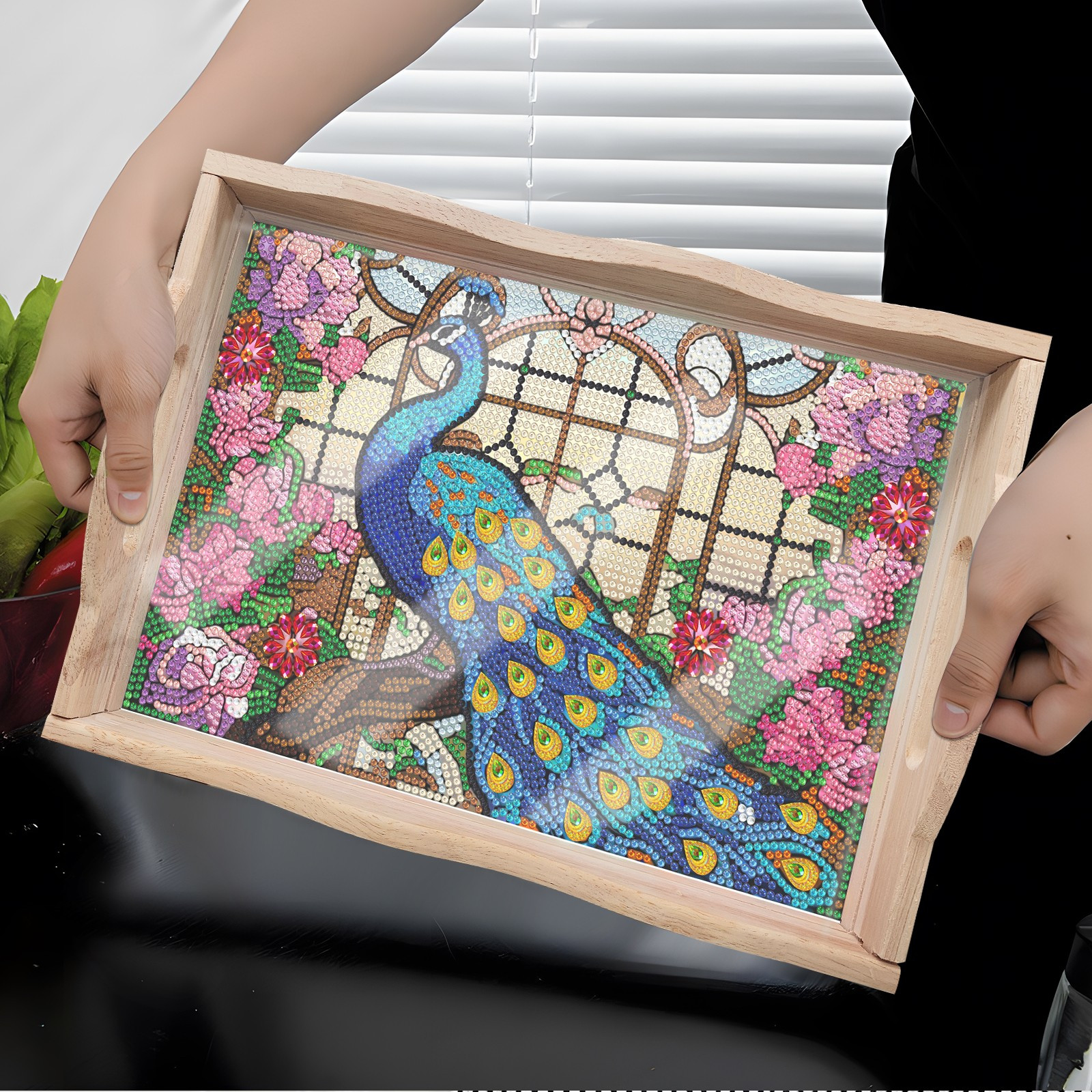 FLOPESN DIY Diamond Art Painting Tray,Handmade Wooden Tray Mosaic by Number Kits Diamond Art for Coffee Living Room Home Organizer-Peafowl