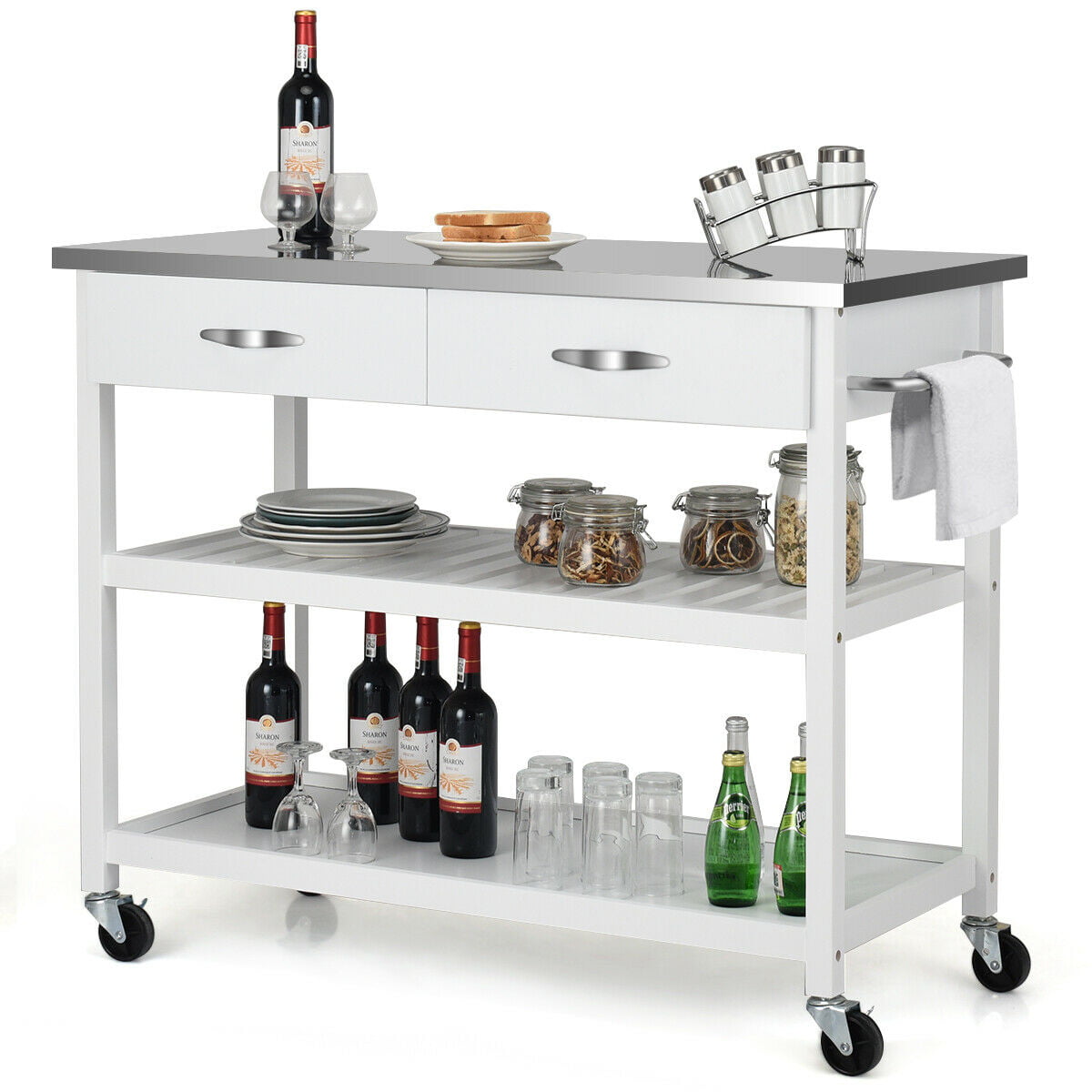 Costway Rolling Kitchen Trolley Cart Island Stainless Steel Countertop Stainless Steel Kitchen Island Cart