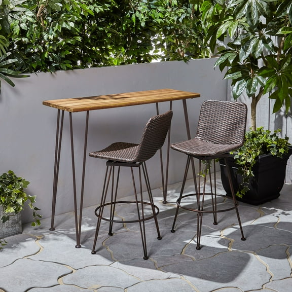 Noble House Penley Outdoor 3 Piece Acacia Wood Bar Set in Teak and Rustic Metal