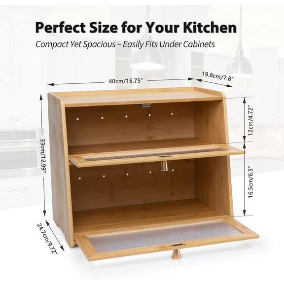 Bamboo Bread Box 2 Tiered for Kitchen Counter-Large Capacity Wood Bread Basket Storage Container Bread Box with Window Bread Holder with Shelf Vitamin Bottle Storage