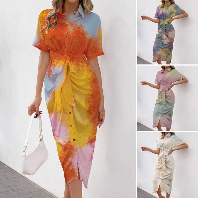 Neinkie Robe Chemise à Revers à Manches Courtes Taille Haute avec Patte de Boutonnage, Couleur Dégradée, Taille à Lacets, Robe Midi Drapée, Vêtements pour Femme