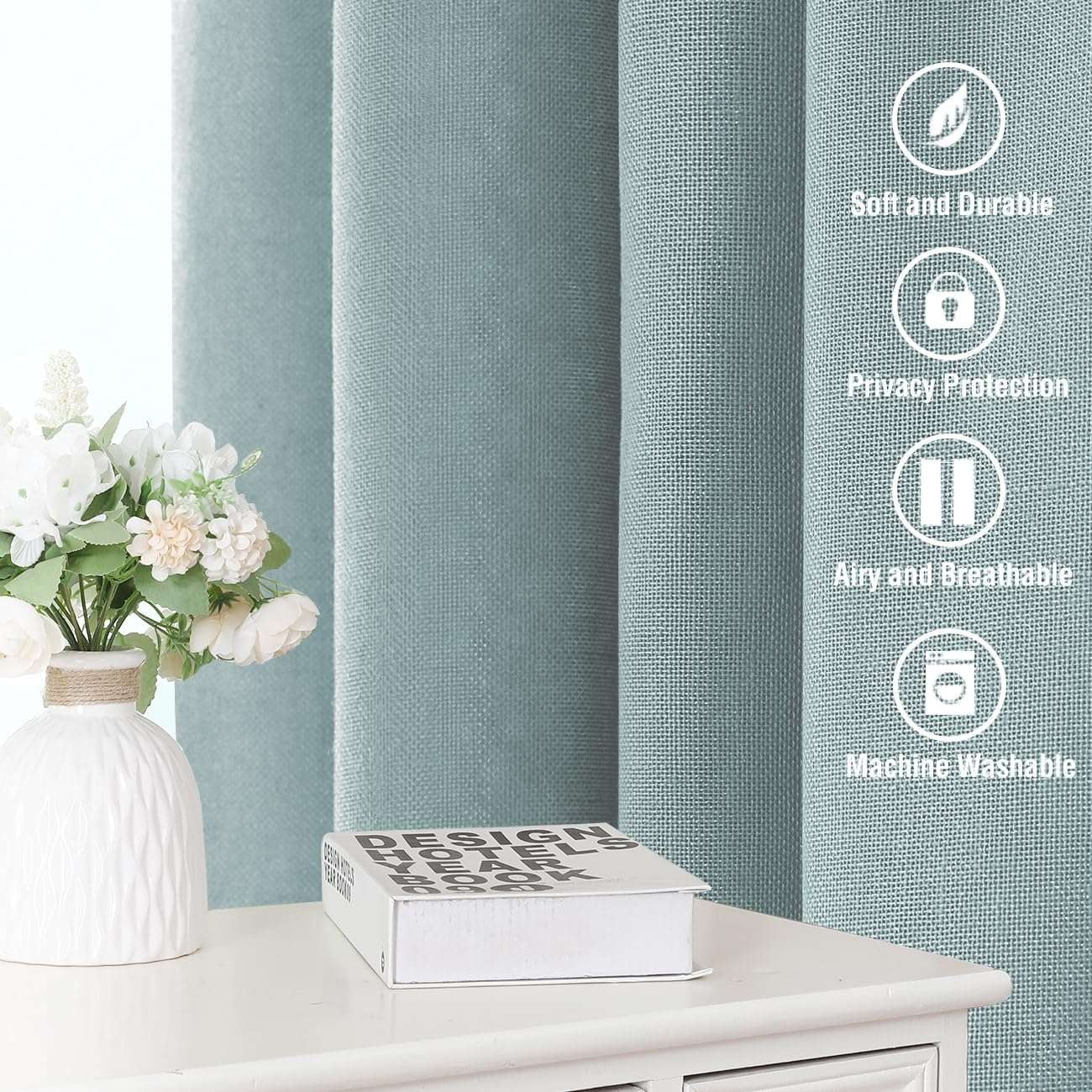 Turquoize Classic Natural Linen Privacy Curtains Light Filtering for Living Room 2 Panels Back Tab, 52" x 63" , Cloud Blue