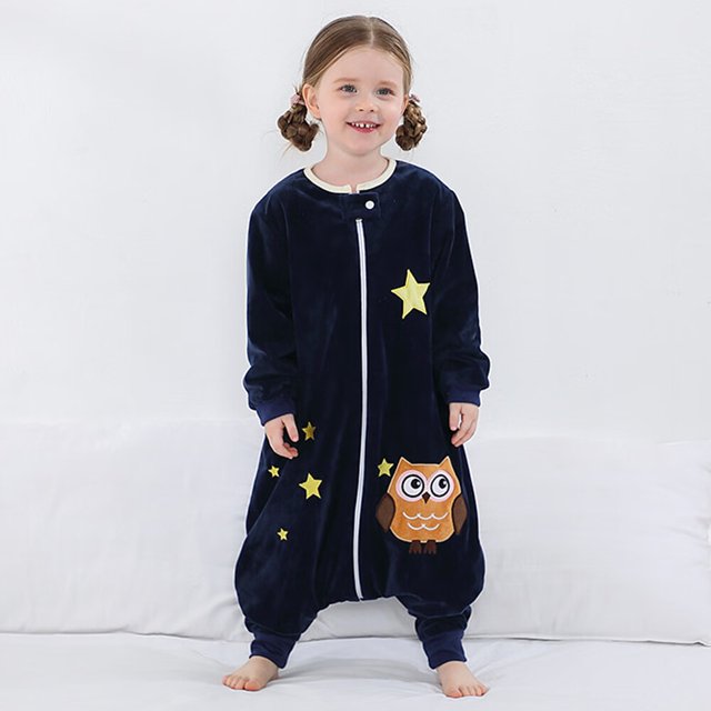 Saco de dormir de invierno, saco de dormir con piernas cálidas para niña y niño, pijama con patas de franela de manga larga para niños, saco de dormir grueso de dibujos animados de animales unisex de 5 a 6 años (búho azul marino) ER