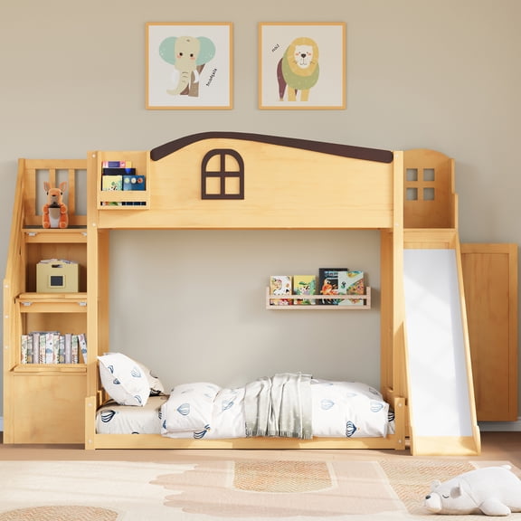 MODERNLUXE Wood Twin over Full Bunk Bed with Storage Staircase and Shelves, House Bed with Wardrobe and Slide, Natural
