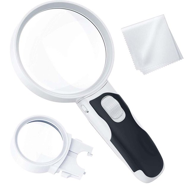 Juego de lupa con iluminación LED La mejor lupa con luces para personas mayores, degeneración macular, lectura y aficionados (2 lentes (10X + 5X)) Ormromra FLD-2365