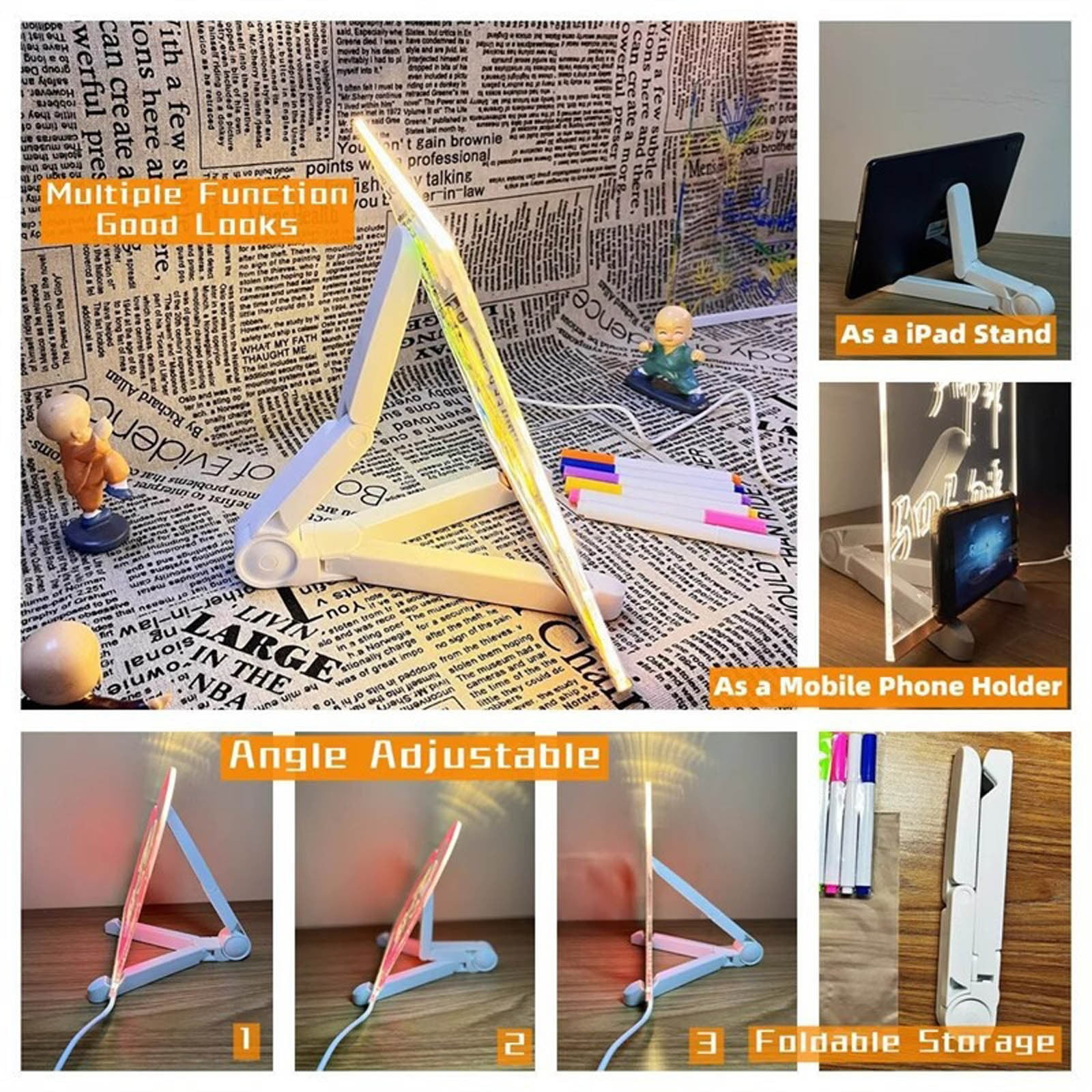 LED Light Up Acrylic Note Board | 11.8x7.9in Dry Erase Board With Colors, Hanging & Stand, USB Powered | For Home, Office, School