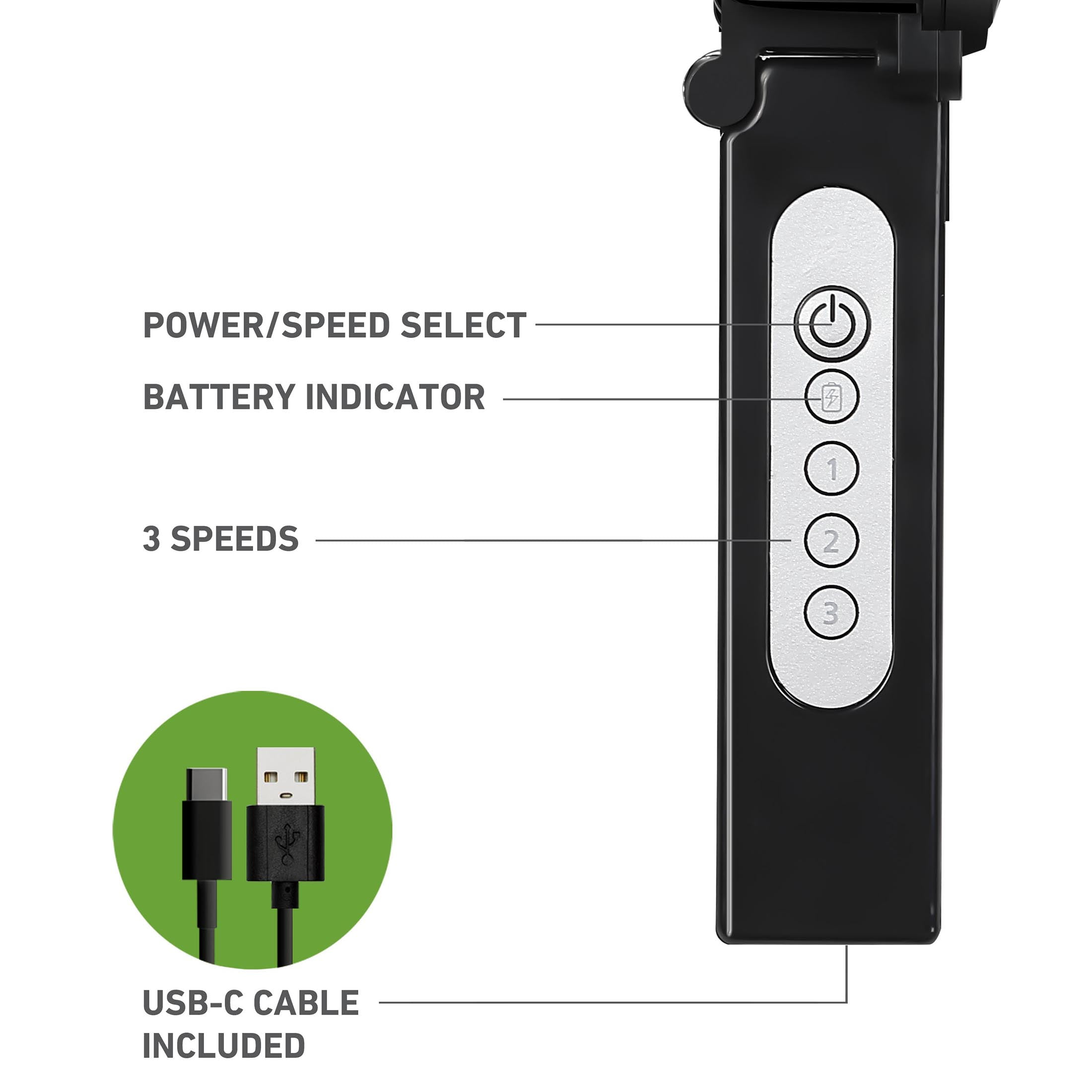 Holmes 4" Rechargeable Handheld Fan, 3-Speed, USB-C, 180° Tilt, Portable, Black