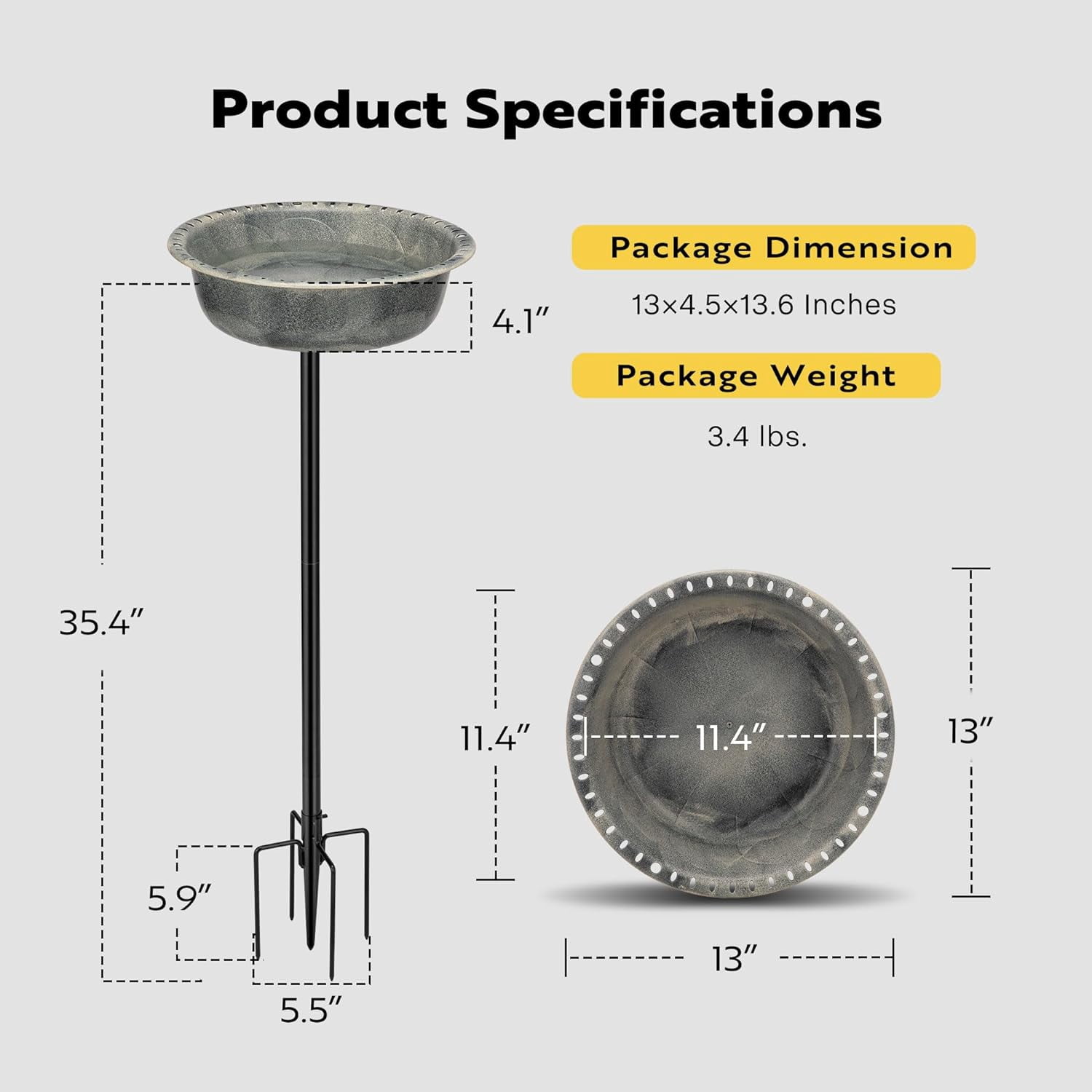 SPECSTAR Bird Bath, Polyresin Birdbath Bowl with Metal Stake, 29 inch Height Outdoor Freestanding Birdfeeder, 1.4 Gallons, 5-Pronged Base, Gray