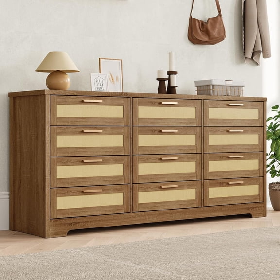12 Drawer Dresser for Bedroom, Modern Farmhouse Rattan Chest of Drawers, Wood Dresser for Closet, Living Room, Entryway, and Hallway, Natural