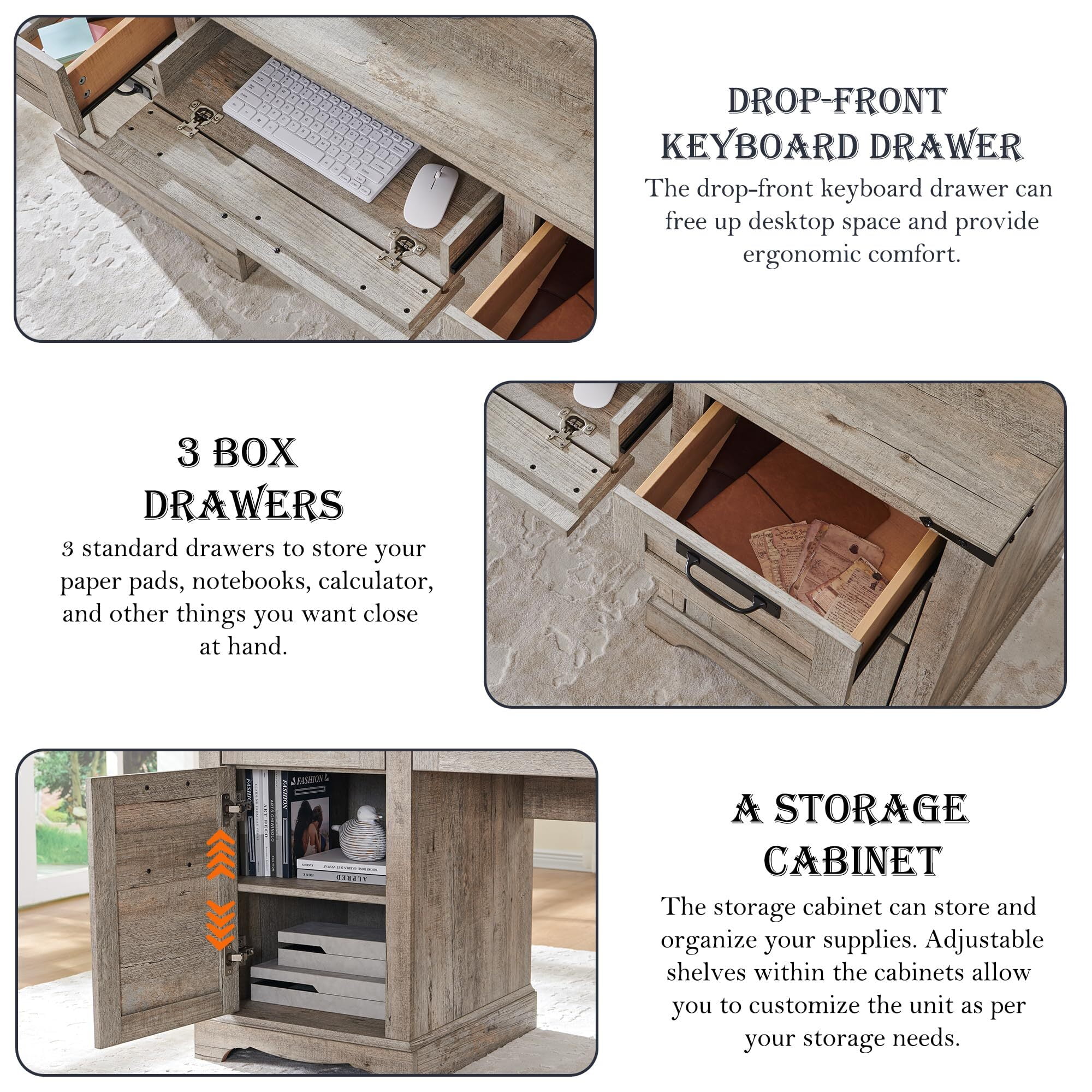 OKD Farmhouse Executive Desk, Rustic Office Desk with Charging Station and Keyboard Tray,Home Workstations with File Drawer, Storage Cabinet,Wood Computer Writing Desk, Light Rustic Oak