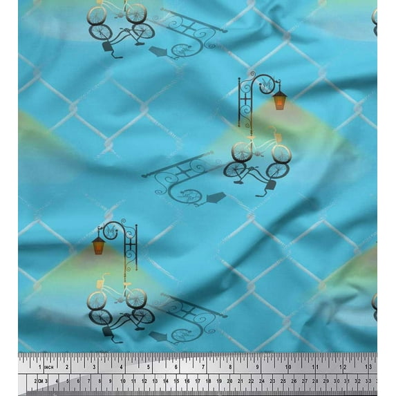 Soimoi polyester Crepe Fabric Street Lamp,Bicycle & Iron Net Vintage Fabric Prints By Yard 42 Inch Wide