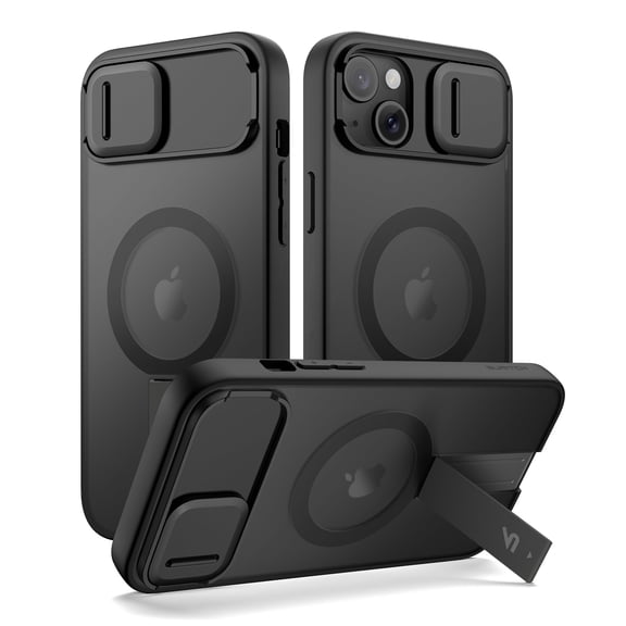 SURITCH for iPhone 13 / 14 Magnetic Case, Compatible with Magsafe, with Built-in Kickstand, Camera Cover and Translucent Back, Rugged Shockproof Cases Slim Protective Cover, Translucent Black