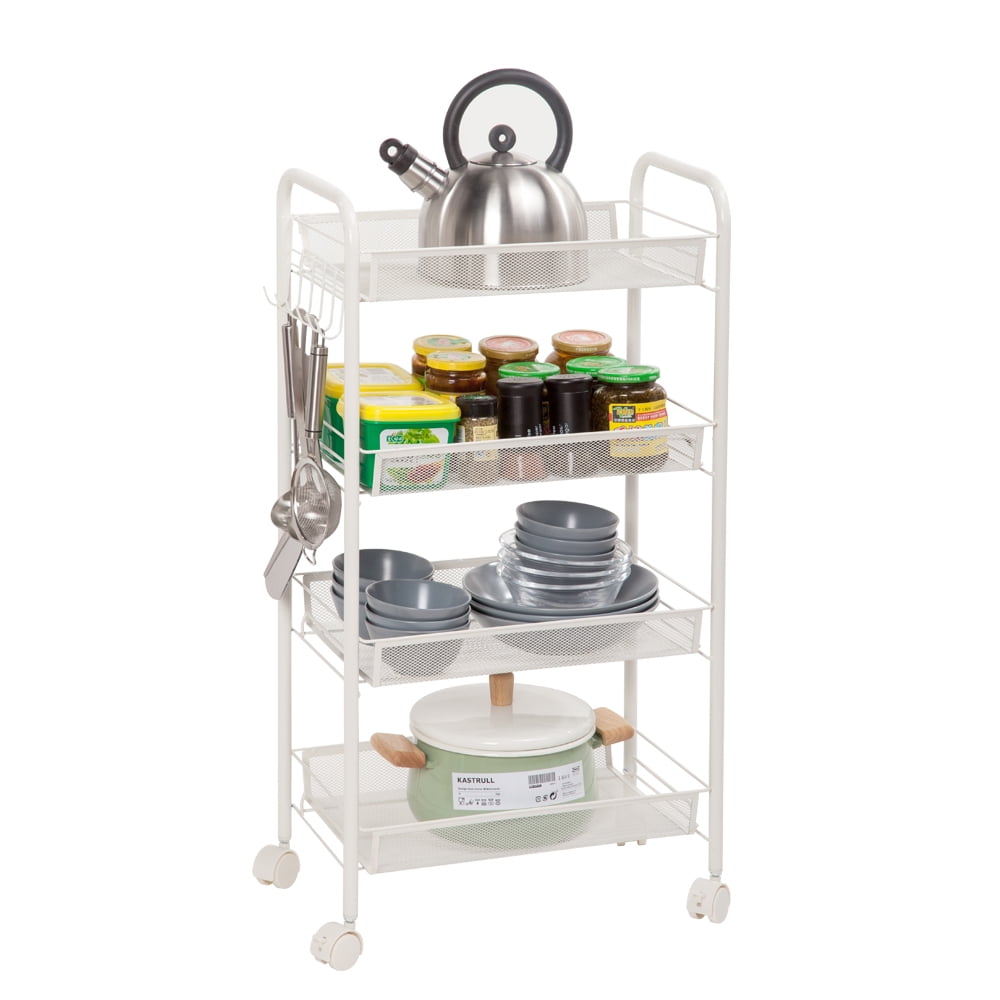 Kepooman 4-Tier Mesh Wire Rolling Cart with Hook Ivory, White Kepooman 4-Tier Mesh Wire Rolling Cart with Hook Ivory, White