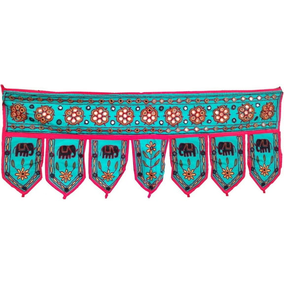 Rastogi Handicrafts Mirror Wall Hanging Toran Elephant and Flower Hand Work Door Toran Indian Traditional Look (Green)