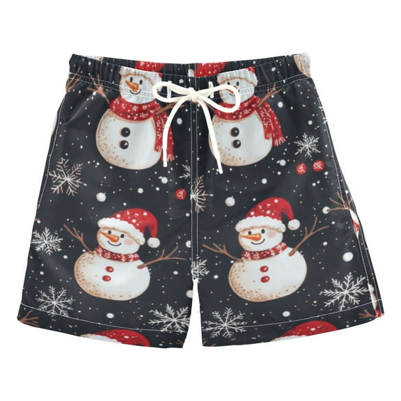 Cute Snowman Black Background Boys Swim Trunks Quick Dry Boy Swim Shorts for 3-14 Years