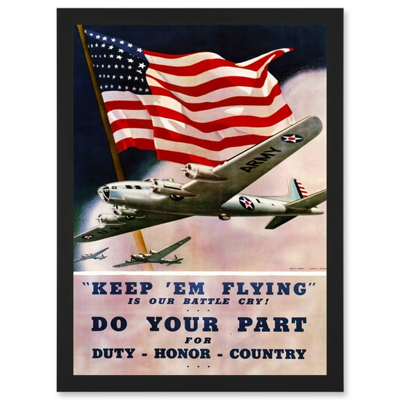 Vintage Ad Military Air Force Bomber Flag USA WW2 War A4 Artwork Framed Wall Art Print