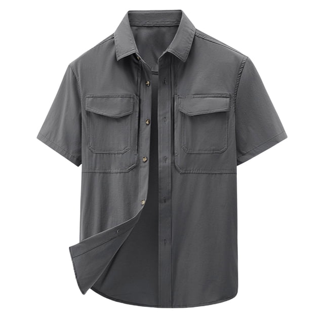 Blusa y camisa de manga corta con cuello vuelto para hombre, de verano, a la moda, informal, con solapa, color liso, con botones y bolsillo.