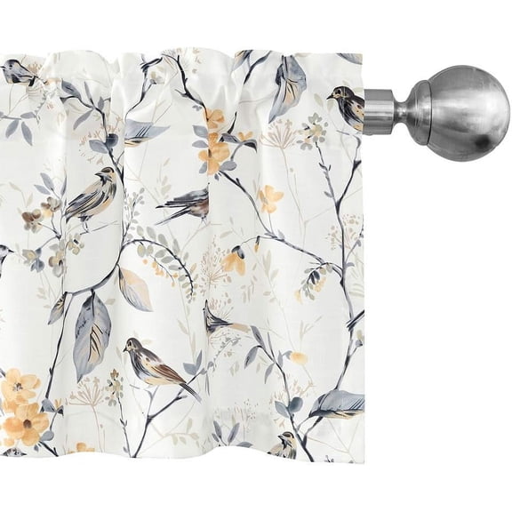 Birds Vines Printed Semi-Blackout Curtains Valances for Kitchen Bath Laundry Bedroom Living Room, Rod Pocket Valance for Windows, 52 x 18 Inch, Grey Birds, One Panel
