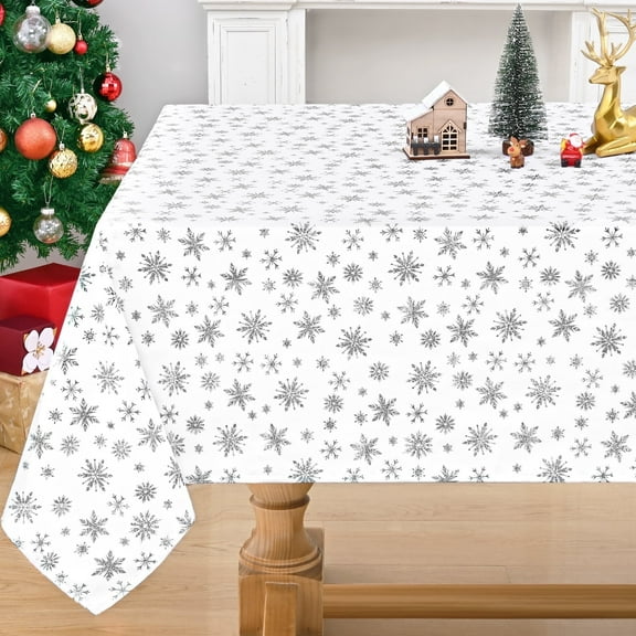 Yastouay Silver Snowflake Tablecloth Christmas Tablecloth White Rectangle Table Cover for Dinner Party, 60" x 84"