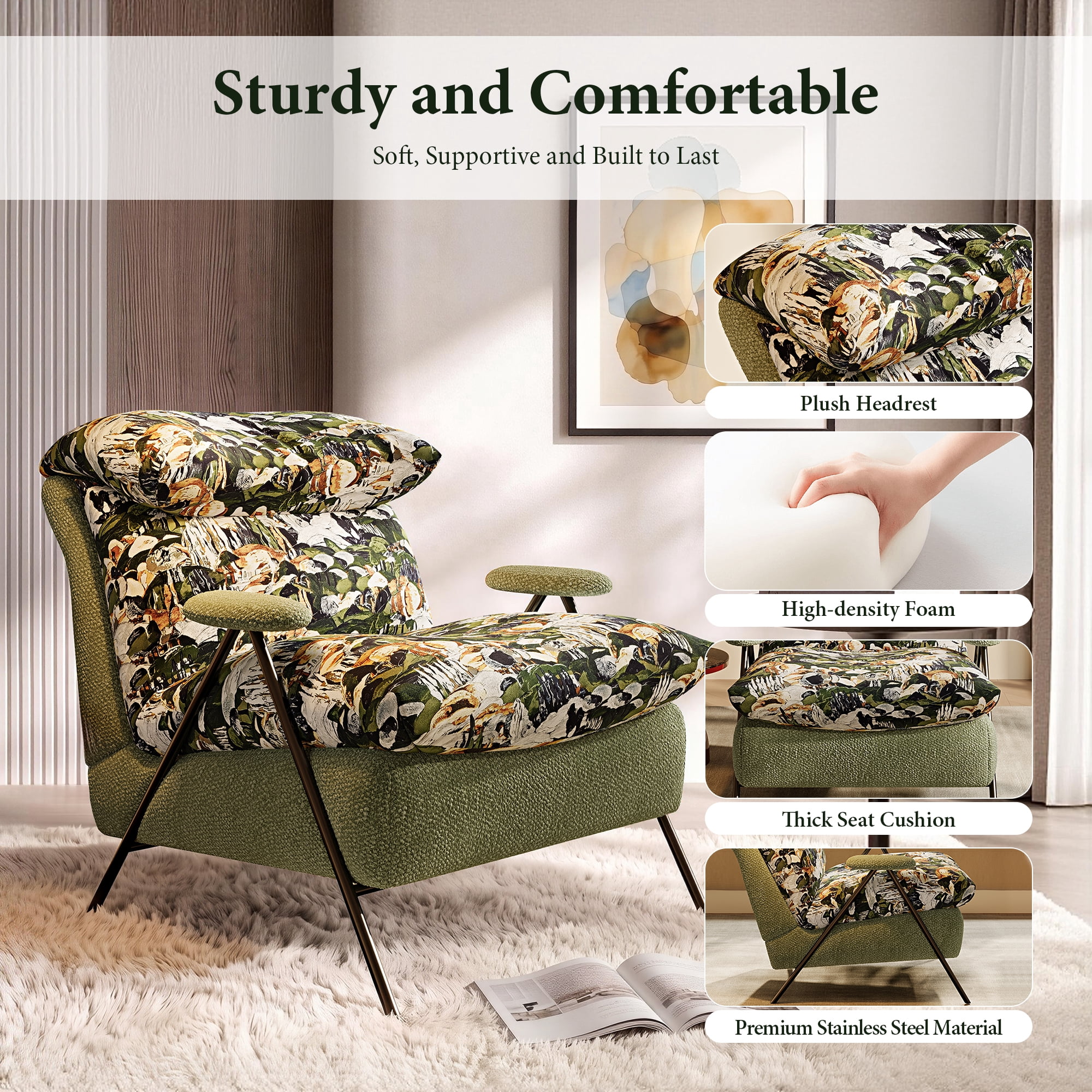 Aukfa Olive Green Floral Accent Chair, Modern Upholstered Armchair with Thick Padded Seat and Back for Living Room & Bedroom