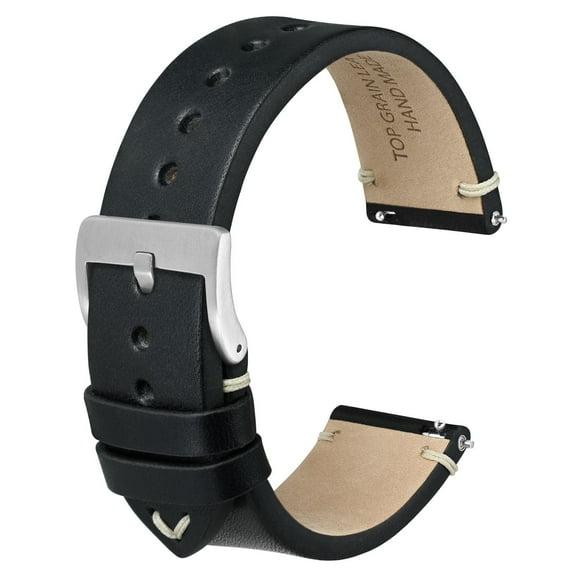 Quick Release Leather Watch Bands for Men Women,18mm Military Style Top Grain Leather Watch Strap,Black with Silver Buckle