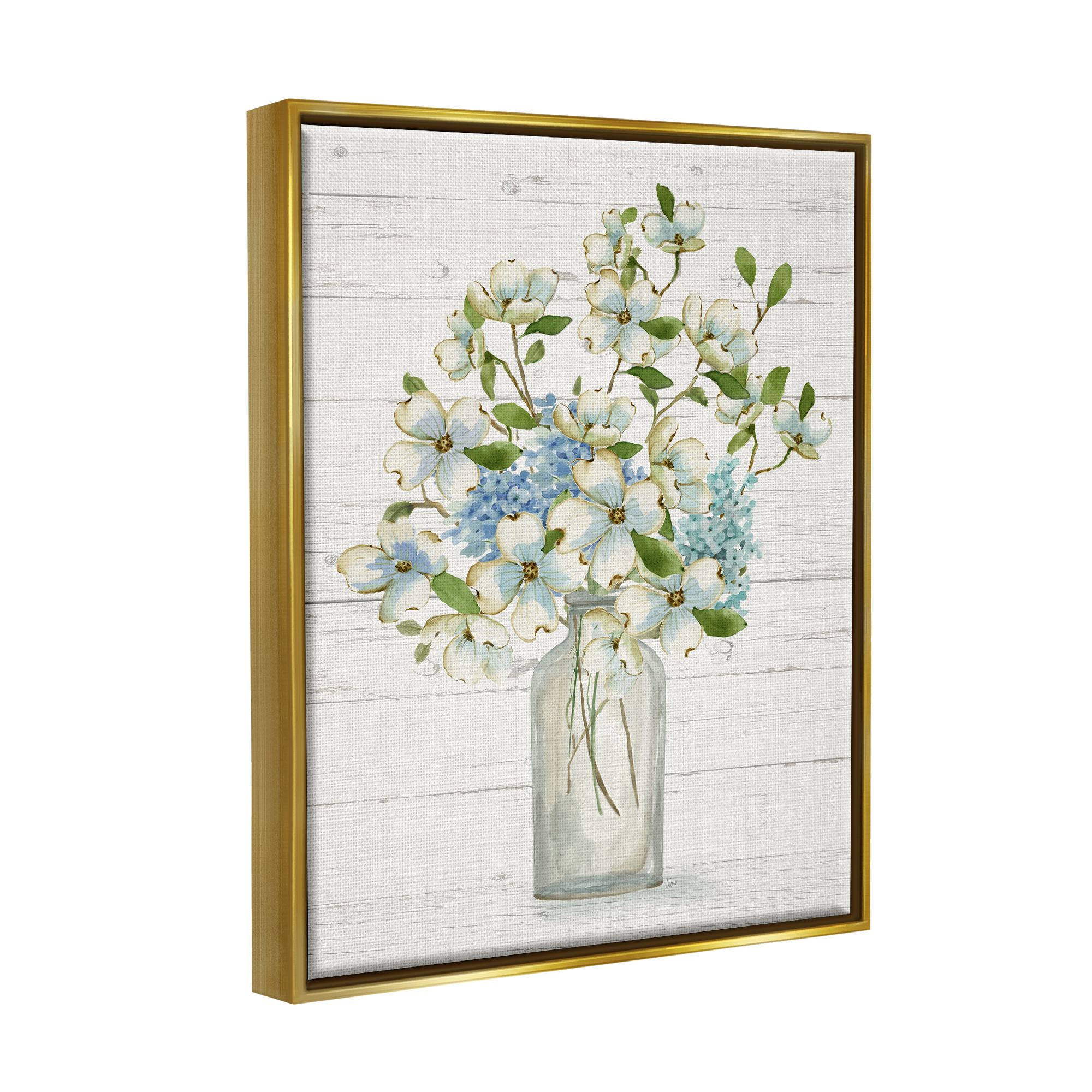Stupell Industries Rustic Planked Dogwood Bouquet Botanical & Floral Painting Gold Floater Framed Canvas Art Print Wall Art, 25 x 31